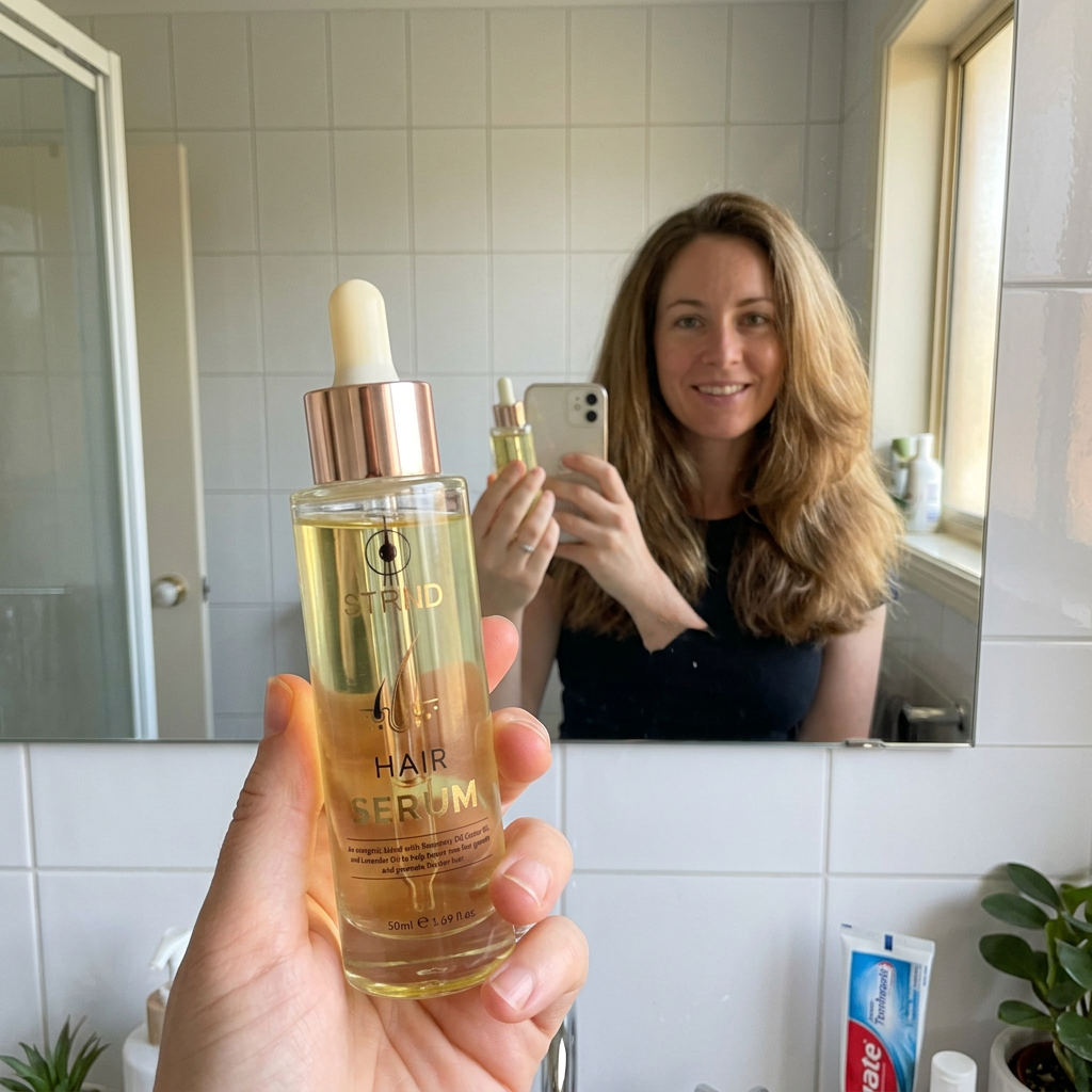 Customer holding STRND Hair Serum bottle at the dressing table mirror