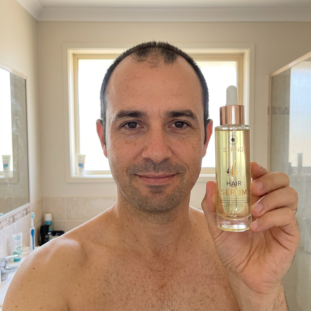David with his STRND Hair Serum bottle showing his hairline progress