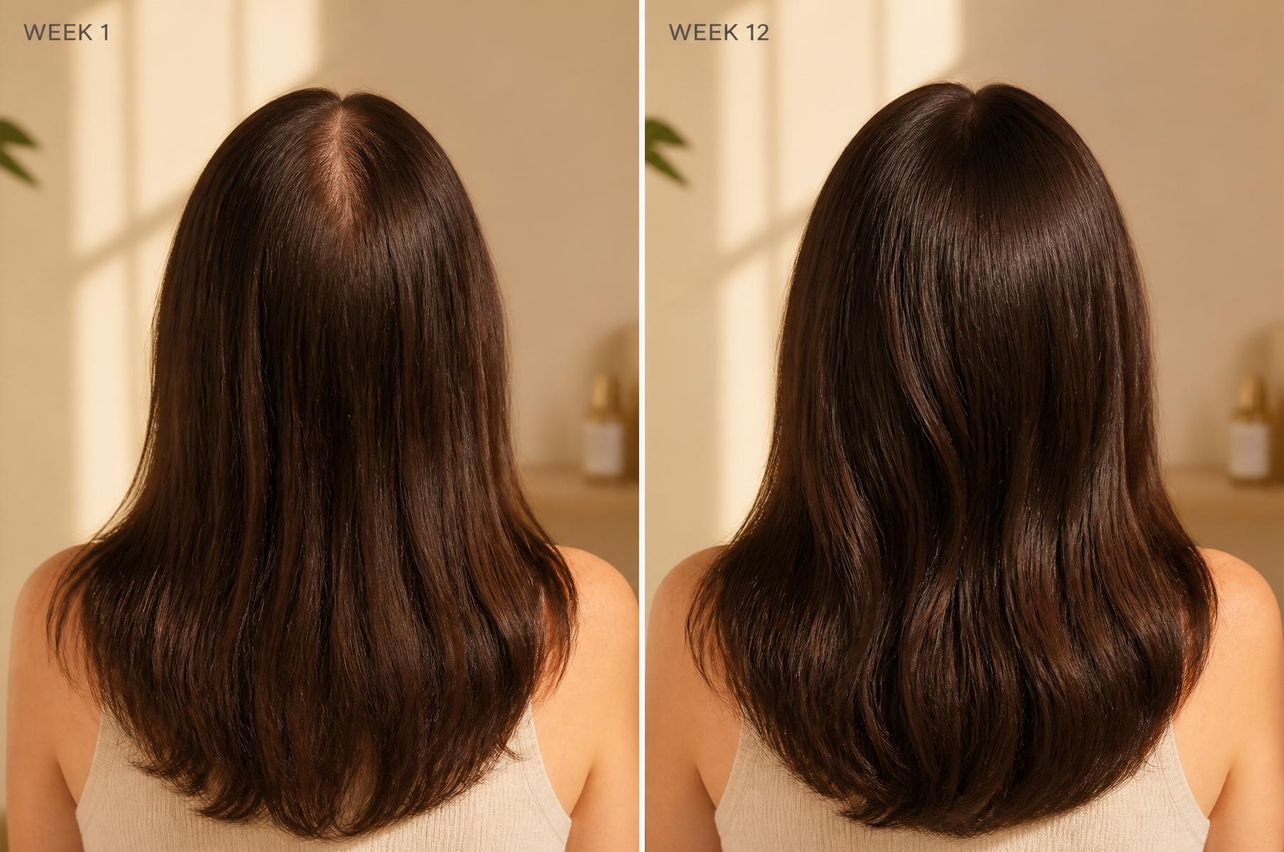 Hair transformation week 1 to week 12 after using STRND Hair Serum